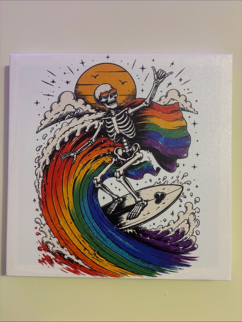 Pride Wave Skeleton Surfer Canvas Wall Art – 10” x 10” x 1”